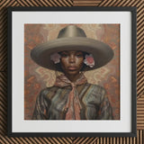 Sadie - Lesbian Black Cowgirl Art Print / Canvas Brown Gray Striped Shirt Hat Floral Accents Elegant Outlaw Reminding, Spirit’s Queer,