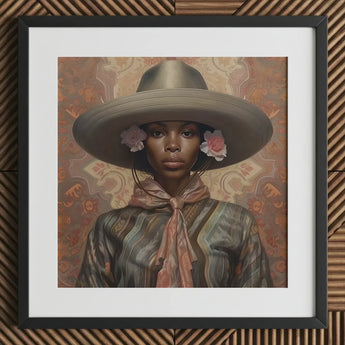 Sadie - Lesbian Black Cowgirl Art Print / Canvas Brown Gray Striped Shirt Hat Floral Accents Elegant Outlaw Reminding, Spirit’s Queer,