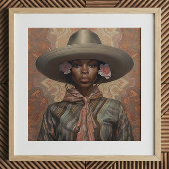 Sadie - Lesbian Black Cowgirl Art Print / Canvas Brown Wooden Framed Portrait Woman Gray Hat Striped Elegant Outlaw Reminding, Cowgirl