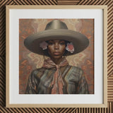 Sadie - Lesbian Black Cowgirl Art Print / Canvas Brown Wooden Framed Portrait Woman Gray Hat Striped Elegant Outlaw Reminding, Spirit’s
