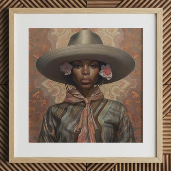 Sadie - Lesbian Black Cowgirl Art Print / Canvas Brown Wooden Framed Portrait Woman Gray Hat Striped Elegant Outlaw Reminding, Spirit’s
