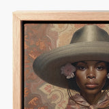 Framed Canvas Print Woman Olive Green Wide-brimmed Hat Elegant Outlaw Reminding, Cowgirl Spirit’s Queer, Lesbian Black