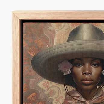 Framed Canvas Print Woman Olive Green Wide-brimmed Hat Elegant Outlaw Reminding, Cowgirl Spirit’s Queer, Lesbian Black