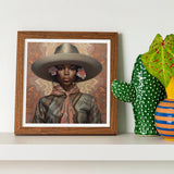 Sadie - Lesbian Black Cowgirl Art Print / Canvas Framed Portrait Wide-brimmed Hat Pink Flowers Warm-toned Background Elegant Outlaw