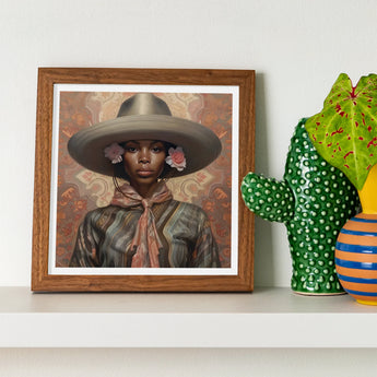 Sadie - Lesbian Black Cowgirl Art Print / Canvas Framed Portrait Wide-brimmed Hat Pink Flowers Warm-toned Background Elegant Outlaw
