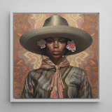 Sadie - Lesbian Black Cowgirl Art Print / Canvas Framed Portrait Woman Olive-green Wide-brimmed Hat Adorned Pink Elegant Outlaw Reminding,