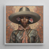 Sadie - Lesbian Black Cowgirl Art Print / Canvas Framed Portrait Woman Olive-green Wide-brimmed Hat Adorned Pink Elegant Outlaw Reminding,