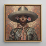 Sadie - Lesbian Black Cowgirl Art Print / Canvas Framed Portrait Woman Wide-brimmed Gray Hat Adorned Pink Elegant Outlaw Reminding,
