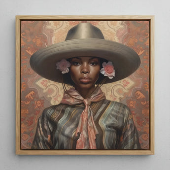 Sadie - Lesbian Black Cowgirl Art Print / Canvas Framed Portrait Woman Wide-brimmed Gray Hat Adorned Pink Elegant Outlaw Reminding,