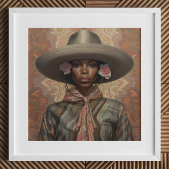 Sadie - Lesbian Black Cowgirl Art Print / Canvas Gray Wide-brimmed Hat Floral Accents White Frame Elegant Outlaw Reminding, Spirit’s Queer,