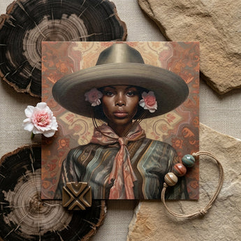 Sadie - Lesbian Black Cowgirl Art Print / Canvas Square Canvas Painting Woman Olive-green Wide-brimmed Hat Adorned Elegant Outlaw