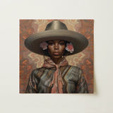 Sadie - Lesbian Black Cowgirl Art Print / Canvas Square Painting Woman Wide-brimmed Olive-green Hat Adorned Elegant Outlaw Reminding,