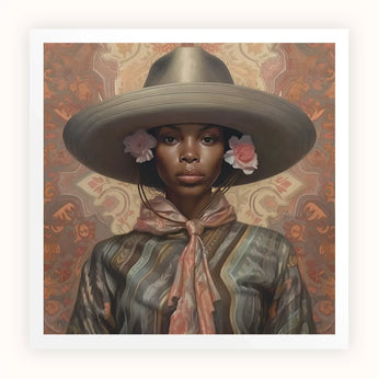 Sadie - Lesbian Black Cowgirl Art Print / Canvas Wide-brimmed Olive-green Hat Adorned Two Pink White Flowers Elegant Outlaw Reminding,