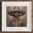 Sadie - Lesbian Black Cowgirl Art Print, Framed Portrait Painting Wide-brimmed Gray Hat Pink Floral