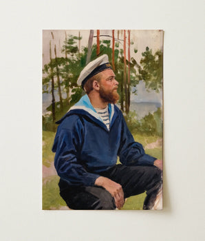 Vintage-style Canvas Painting Bearded Sailor Navy Blue Uniform Hugo Backmansson, Art Print, Painted, Pine Trunks