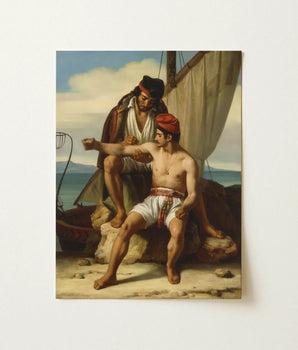 Classical Oil Painting Two Men Nautical Attire Rocky, Romantic Academician Prévost, Compresses, Entire Maritime Subculture, Bare-chested