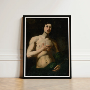 Framed Reproduction Classical Painting Young Nude Male Figure Saint Sebastian, Lorenzo Lippi’s, Leans, Florentine Baroque Shadow, Roman