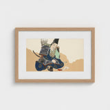 Samurai Scribe - Kamisaka Sekka Art Print / Canvas Framed Artwork Traditional Armor Rendered Soft Pastel, Ink-dipped Brush Poised, Prints
