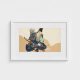 Samurai Scribe - Kamisaka Sekka Art Print / Canvas White Framed Artwork Traditional Japanese Blue Gold, Ink-dipped Brush Poised, Prints