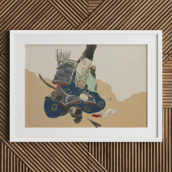 Samurai Scribe - Kamisaka Sekka Art Print / Canvas Blue Armor White Frame, Ink-dipped Brush Poised, Prints