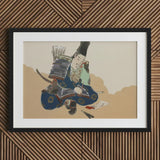 Samurai Scribe - Kamisaka Sekka Art Print / Canvas Framed Warrior Blue Gold Armor, Ink-dipped Brush Poised, Prints