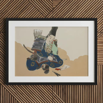 Samurai Scribe - Kamisaka Sekka Art Print / Canvas Framed Warrior Blue Gold Armor, Ink-dipped Brush Poised, Prints