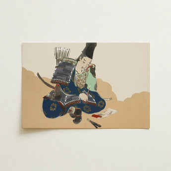 Samurai Scribe - Kamisaka Sekka Art Print / Canvas Rectangular Stylized Illustration Traditional Blue, Ink-dipped Brush Poised, Prints