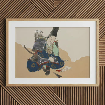 Samurai Scribe - Kamisaka Sekka Art Print / Canvas Wooden Framed Blue Green Armor, Ink-dipped Brush Poised, Prints
