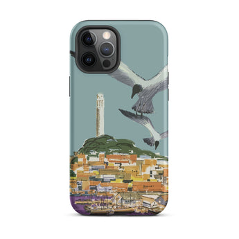 San Francisco Travel Poster Phone Case Iphone 12 Pro Max / Matte Teal Stylized Illustration Seagulls Coastal Town Telegraph Hill Rises,