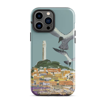 San Francisco Travel Poster Phone Case Iphone 13 Pro Max / Gloss Teal Stylized Illustration Seagulls Flight Coastal Telegraph Hill Rises,