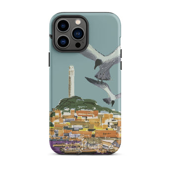 San Francisco Travel Poster Phone Case Iphone 13 Pro Max / Matte Teal Stylized Illustration Seagulls Flight Coastal Telegraph Hill Rises,