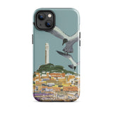 San Francisco Travel Poster Phone Case Iphone 14 Plus / Gloss Teal Stylized Illustration Seagulls Flight Cityscape Telegraph Hill Rises,