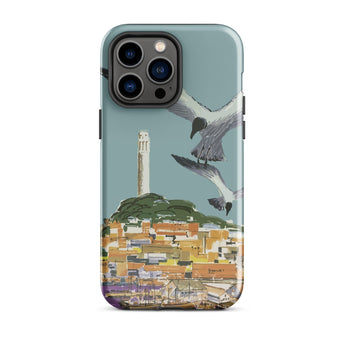 San Francisco Travel Poster Phone Case Iphone 14 Pro Max / Gloss Teal Stylized Illustration Seagulls Flight Coastal Telegraph Hill Rises,