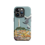 San Francisco Travel Poster Phone Case Iphone 15 Pro / Matte Teal-colored Stylized Illustration Seagulls Flight Coastal Telegraph Hill
