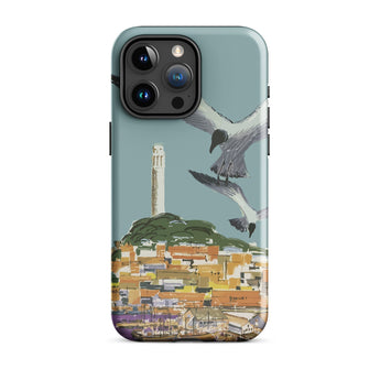 San Francisco Travel Poster Phone Case Iphone 15 Pro Max / Gloss Teal-colored Stylized Illustration Seagulls Flight Coastal Telegraph Hill