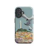 San Francisco Travel Poster Phone Case Iphone 16 / Gloss Teal Stylized Illustration Seagulls Flight Coastal Telegraph Hill Rises,