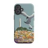 San Francisco Travel Poster Phone Case Iphone 16 Plus / Matte Teal Stylized Illustration Seagulls Flight Coastal Telegraph Hill Rises,