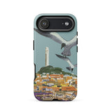 San Francisco Travel Poster Phone Case Iphone 17 Air / Matte Teal Stylized Illustration Seagulls Flight Coastal Telegraph Hill Rises,