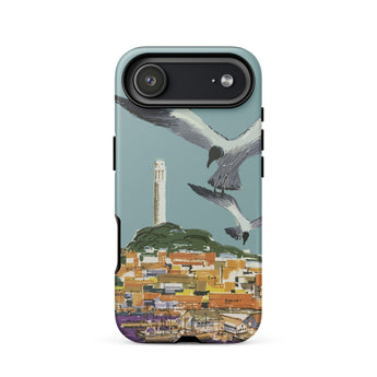 San Francisco Travel Poster Phone Case Iphone 17 Air / Matte Teal Stylized Illustration Seagulls Flight Coastal Telegraph Hill Rises,