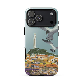 San Francisco Travel Poster Phone Case Iphone 17 Pro Max / Gloss Stylized Illustration Seagulls Flight Coastal Town Telegraph Hill Rises,