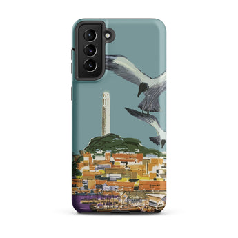San Francisco Travel Poster Phone Case Samsung Galaxy S21 Plus / Matte Teal-colored Stylized Illustration Seagulls Flight Coastal Telegraph