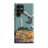 San Francisco Travel Poster Phone Case Samsung Galaxy S22 Ultra / Matte Teal Smartphone Stylized Illustration Seagulls Flight Coastal