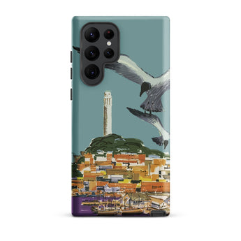 San Francisco Travel Poster Phone Case Samsung Galaxy S22 Ultra / Matte Teal Smartphone Stylized Illustration Seagulls Flight Coastal