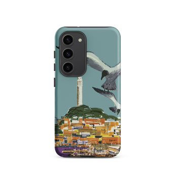 San Francisco Travel Poster Phone Case Samsung Galaxy S23 / Matte Teal Stylized Illustration Seagulls Flight Coastal Telegraph Hill Rises,