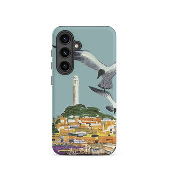 San Francisco Travel Poster Phone Case Samsung Galaxy S24 / Matte Teal Stylized Illustration Seagulls Flight Coastal Telegraph Hill Rises,