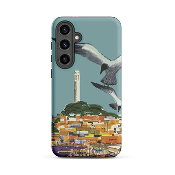 San Francisco Travel Poster Phone Case Samsung Galaxy S24 Plus / Matte Teal Stylized Illustration Seagulls Flight Coastal Telegraph Hill