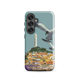 San Francisco Travel Poster Phone Case Samsung Galaxy S25 / Gloss Teal Stylized Illustration Seagulls Flight Coastal Telegraph Hill Rises,
