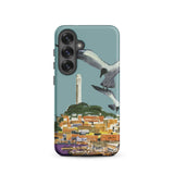 San Francisco Travel Poster Phone Case Samsung Galaxy S25 / Matte Teal Stylized Illustration Seagulls Flight Coit Telegraph Hill Rises,