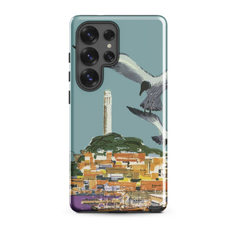 San Francisco Travel Poster Phone Case Samsung Galaxy S25 Ultra / Gloss Stylized Illustration Seagulls Flight Coastal Town Telegraph Hill