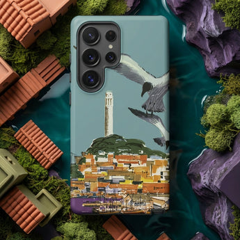San Francisco Travel Poster Phone Case Teal-colored Painted Illustration Coastal Town Orange Telegraph Hill Rises, Forest-shadow Beneath